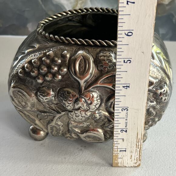 Open Salt Cellar Dish Repousse Floral Design 5.5"x6" - Picture 13 of 15